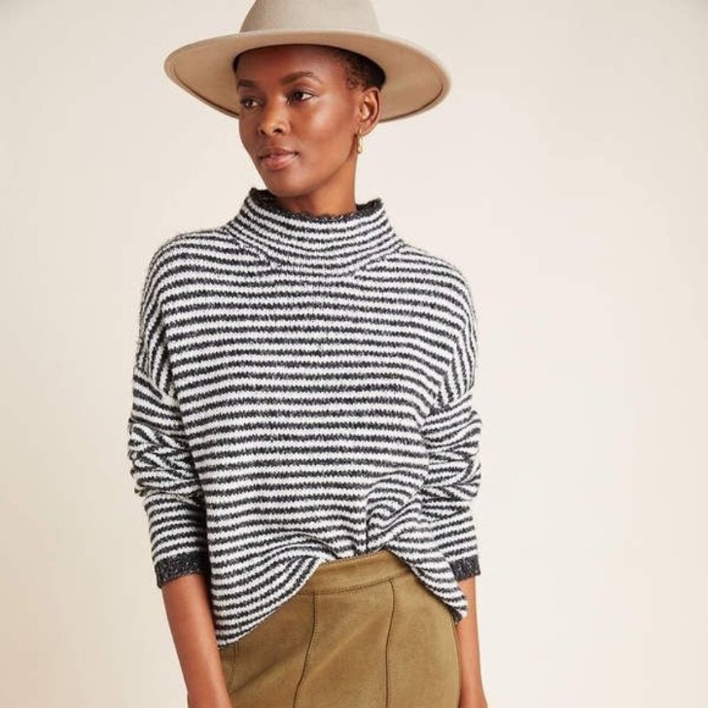 Anthropologie Women's sz Small Linnea Mock Neck Sweater Black White Stripe Soft
